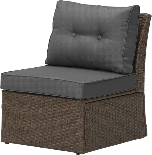 SUNVIVI OUTDOOR Brown Wicker Patio Sofa Chair Armless with Dark Grey Cushions, Aluminum Frame Small Outdoor Couch Chair for Garden Backyard Pool,1 Piece