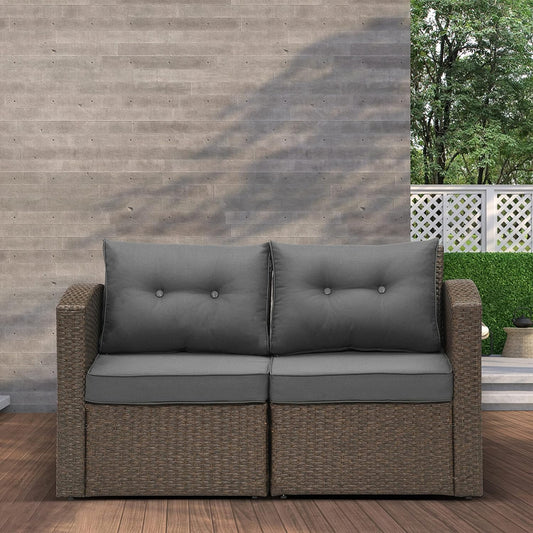 Outdoor Loveseat Patio Furniture Corner Sofa, All-Weather Brown Wicker 2-Piece Rattan Outdoor Sectional Couch Sofa Set with Dark Grey Non-Slip Cushions,Aluminum Frame