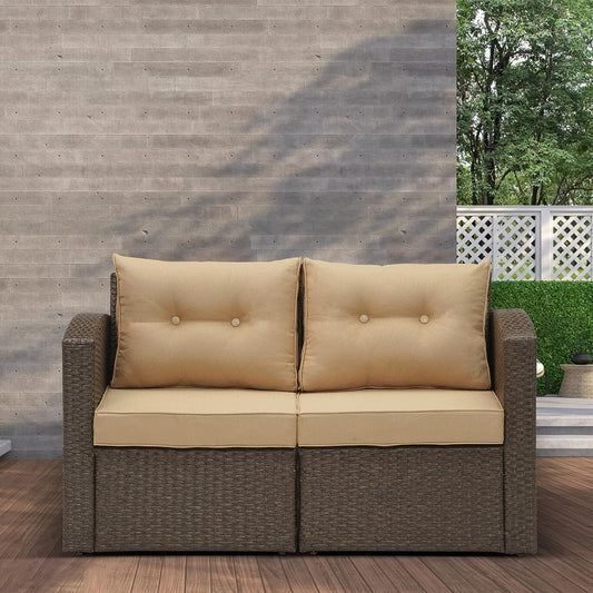 Outdoor Loveseat Patio Furniture Corner Sofa, All-Weather Brown Wicker 2-Piece Rattan Outdoor Sectional Couch Sofa Set with Beige Non-Slip Cushions,Aluminum Frame