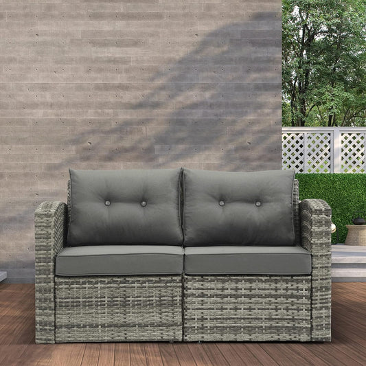 Outdoor Loveseat Patio Furniture Corner Sofa, All-Weather Grey Wicker 2-Piece Rattan Outdoor Sectional Couch Sofa Set with Dark Grey Non-Slip Cushions,Aluminum Frame